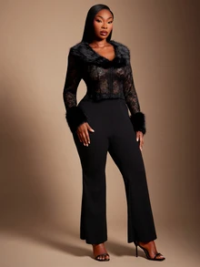 SHEIN SXY Black Sheer Lace Patchwork Fur Short Long Sleeve Jacket - Black - View 6