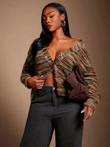 SHEIN SXY Cardigan de suéter falso de manga larga con abertura frontal, ajuste holgado, mezcla de hilo amarillo y marrón, para otoño - Multicolor - Ver 7