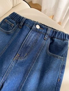 SHEIN 青少年女孩藍色拼接設計寬腿牛仔褲 秋季 - 藍色 - 查看 6