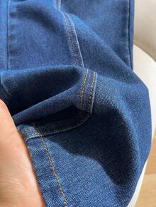 SHEIN 青少年女孩藍色拼接設計寬腿牛仔褲 秋季 - 藍色 - 查看 5