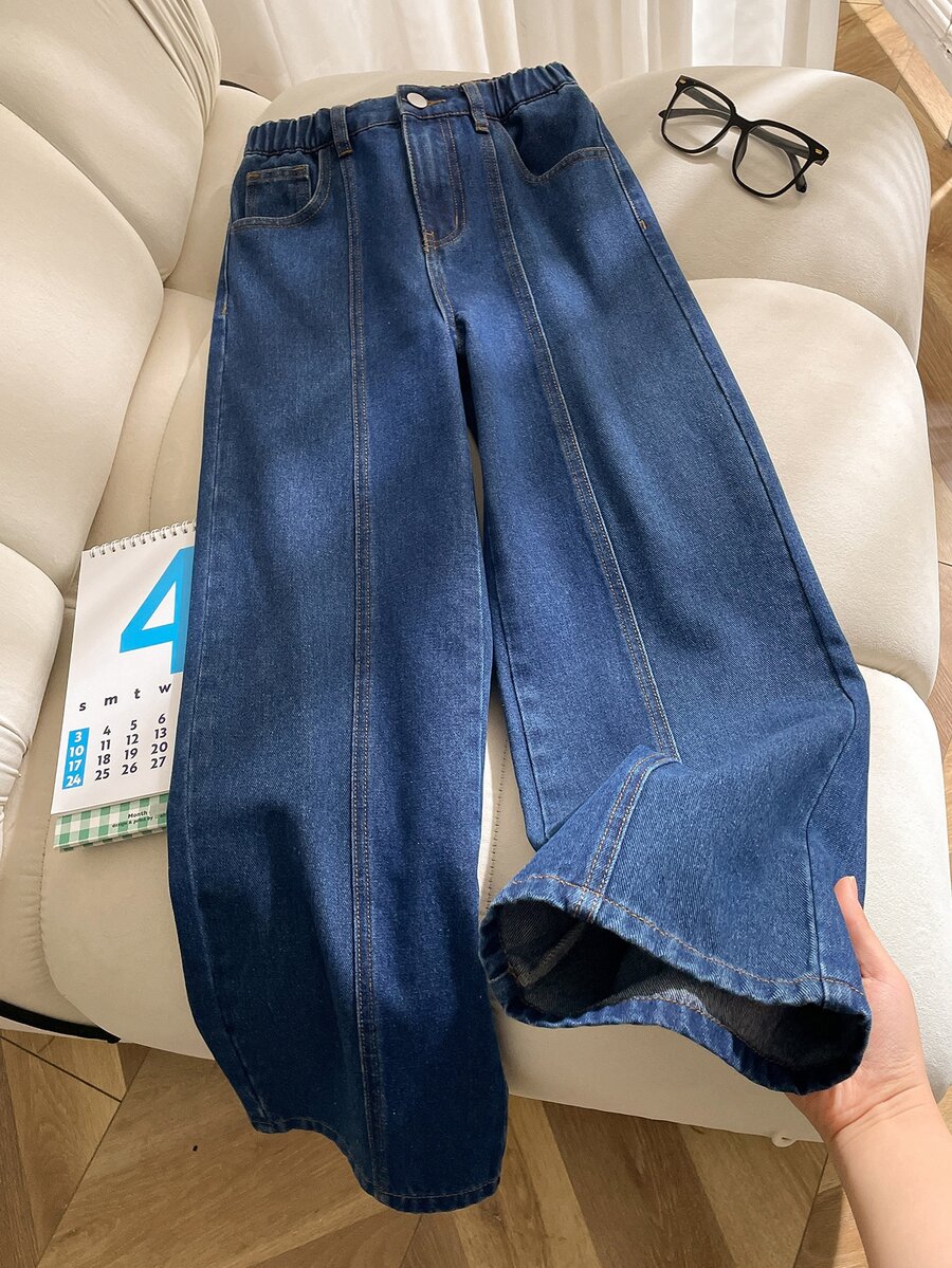 SHEIN 青少年女孩藍色拼接設計寬腿牛仔褲 秋季
