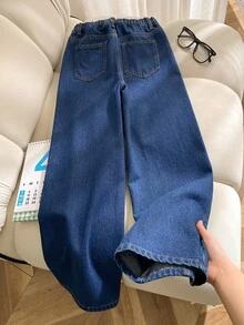 SHEIN 青少年女孩藍色拼接設計寬腿牛仔褲 秋季 - 藍色 - 查看 3