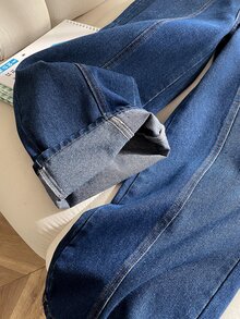 SHEIN 青少年女孩藍色拼接設計寬腿牛仔褲 秋季 - 藍色 - 查看 4
