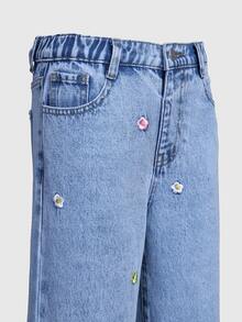 SHEIN Tween Girl Jeans,Light Blue Floral,Autumn,Cute,School,Back-To-School Snowflake Washed Distressed Heart Embroidered Loose Wide Leg Pants For Aesthetic - Light Wash - View 6