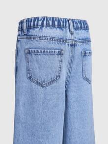 SHEIN Tween Girl Jeans,Light Blue Floral,Autumn,Cute,School,Back-To-School Snowflake Washed Distressed Heart Embroidered Loose Wide Leg Pants For Aesthetic - Light Wash - View 9