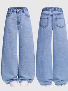 SHEIN Tween Girl Jeans,Light Blue Floral,Autumn,Cute,School,Back-To-School Snowflake Washed Distressed Heart Embroidered Loose Wide Leg Pants For Aesthetic - Light Wash - View 4