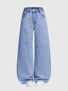 SHEIN Tween Girl Jeans,Light Blue Floral,Autumn,Cute,School,Back-To-School Snowflake Washed Distressed Heart Embroidered Loose Wide Leg Pants For Aesthetic - Light Wash - View 5