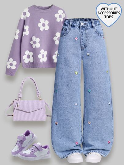SHEIN Jeans pour préadolescentes, nouveaux jeans larges à jambes évasées avec design délavé et broderie flocon de neige à la mode. Pantalon large à jambes évasées avec broderie de cœur coloré mignon. Jeans larges et amples, bleu clair, convenant pour Noël, Nouvel An, la Saint-Valentin, le port quotidien et l'école. Lavandes douces et mignonnes, pantalon ample violet esthétique pour filles