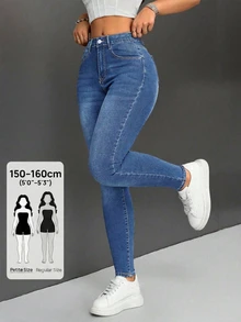 SHEIN PETITE 休閒修身緊身牛仔褲，水洗，小碼女款 - 中等水洗藍 - 查看 7