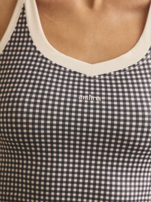 Aralina 女款對比飾邊格紋露背背心，圓領無袖修身運動上衣，適合瑜伽、健身房、皮拉提斯、跑步健身運動 - 黑與白 - 查看 3