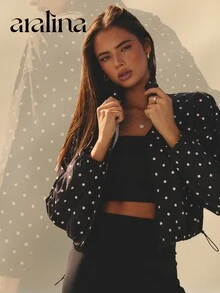 Aralina 波點拉鍊短版夾克 立領輕便休閒春季女裝 度假穿搭街頭風上衣 - 黑與白 - 查看 10