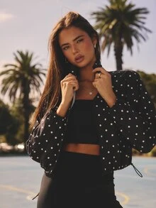 Aralina 波點拉鍊短版夾克 立領輕便休閒春季女裝 度假穿搭街頭風上衣 - 黑與白 - 查看 7