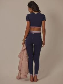 Aralina Women's Contrast Stripe Print Round Neck Short Sleeve Top And High Waist Long Pants Navy Blue Summer Athleisure Gym Workout Yoga Two Pieces Set - Navy Blue - View 4