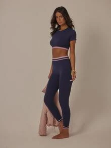 Aralina Women's Contrast Stripe Print Round Neck Short Sleeve Top And High Waist Long Pants Navy Blue Summer Athleisure Gym Workout Yoga Two Pieces Set - Navy Blue - View 3