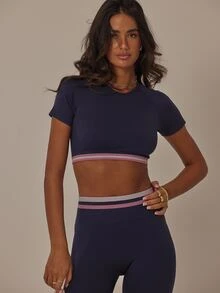 Aralina Women's Contrast Stripe Print Round Neck Short Sleeve Top And High Waist Long Pants Navy Blue Summer Athleisure Gym Workout Yoga Two Pieces Set - Navy Blue - View 7