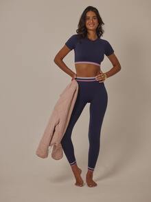 Aralina Women's Contrast Stripe Print Round Neck Short Sleeve Top And High Waist Long Pants Navy Blue Summer Athleisure Gym Workout Yoga Two Pieces Set - Navy Blue - View 8