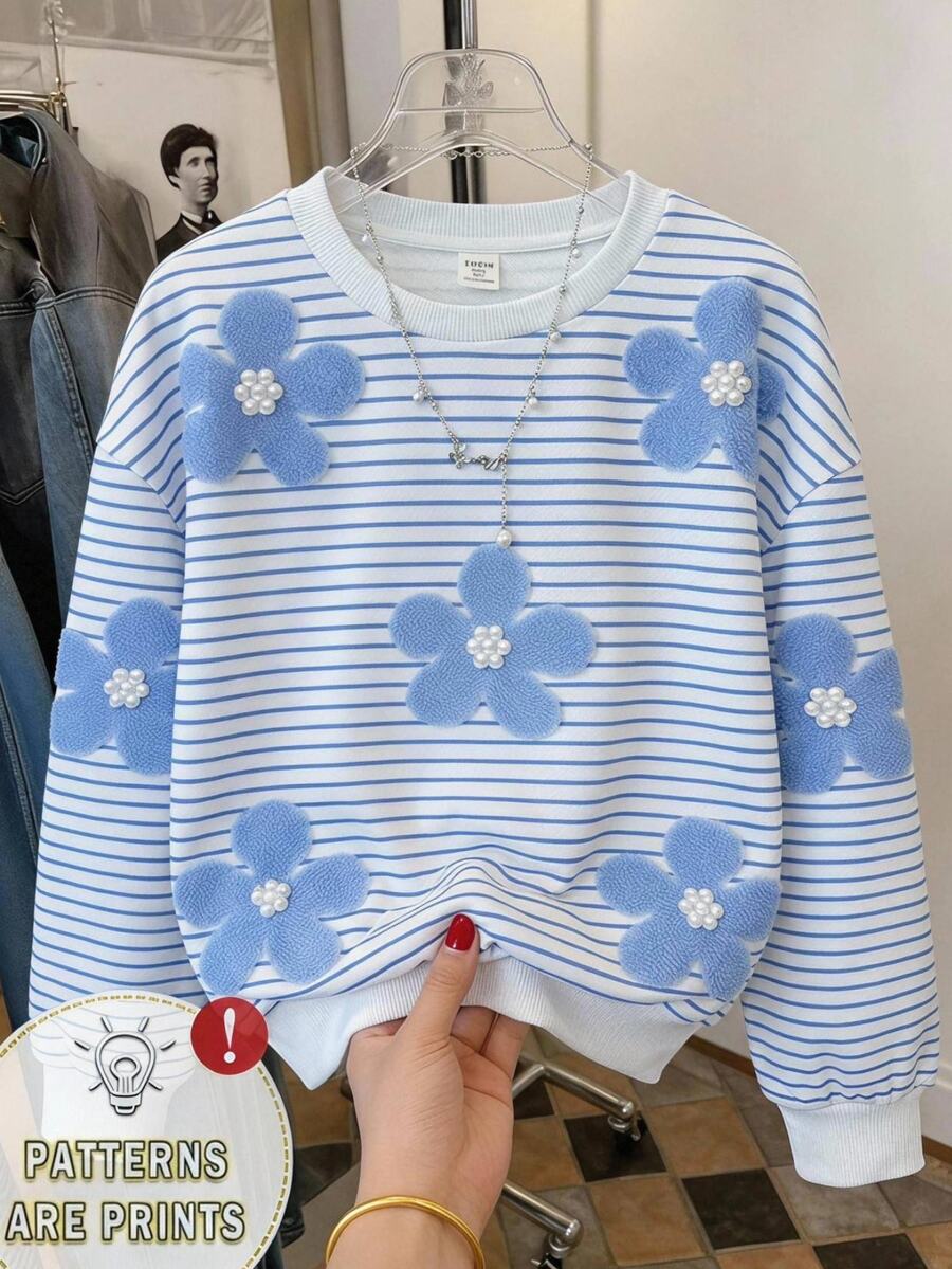 SHEIN 兒童青少年女孩秋冬款藍白條紋花卉印花寬鬆圓領套頭衛衣,返校穿搭 - 藍白色 - 查看 1