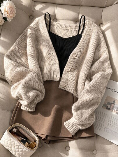 Wovencharm Wovencharm Petite Size Women's Beige Solid Color Button Front Casual French Drop Shoulder Cardigan For Everyday Wear Day Time Autumn Winter Brunch