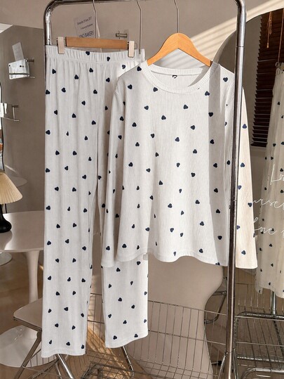 SHEIN Ensemble 2 pièces femme en coton avec top col rond manches courtes imprimé rayures cœur & short confortable