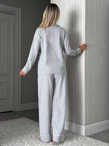 Wovencharm Wovencharm Women Binding Detail Short Sleeved Long Bottom Homewear Pajama Set Lounge Sleep Light Grey Autumn Modest Casual - Grey - View 2