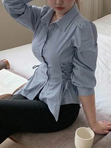 Dazy Plus Tie Waist Elegant Long Sleeve Lapel Collar Solid Color Korean Style Blouse - Blue - View 2