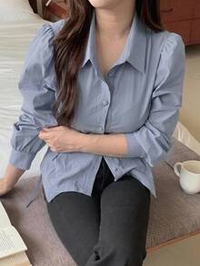Dazy Plus Tie Waist Elegant Long Sleeve Lapel Collar Solid Color Korean Style Blouse - Blue - View 6