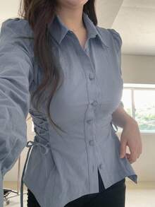 Dazy Plus Tie Waist Elegant Long Sleeve Lapel Collar Solid Color Korean Style Blouse - Blue - View 5