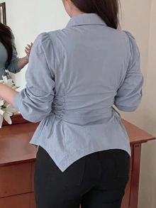 Dazy Plus Tie Waist Elegant Long Sleeve Lapel Collar Solid Color Korean Style Blouse - Blue - View 3