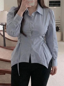 Dazy Plus Tie Waist Elegant Long Sleeve Lapel Collar Solid Color Korean Style Blouse - Blue - View 4