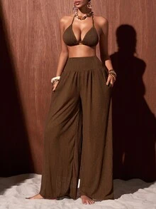 Zivah Elegant Boho Tropical Sexy Women's Airy Semi-Sheer Dark Brown Knit Wide-Leg Beach Vacation Cover-Up Pants (Summer Style) - Brown - View 3