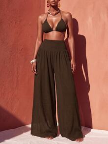 Zivah Elegant Boho Tropical Sexy Women's Airy Semi-Sheer Dark Brown Knit Wide-Leg Beach Vacation Cover-Up Pants (Summer Style) - Brown - View 4