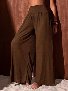Zivah Elegant Boho Tropical Sexy Women's Airy Semi-Sheer Dark Brown Knit Wide-Leg Beach Vacation Cover-Up Pants (Summer Style) - Brown - View 7