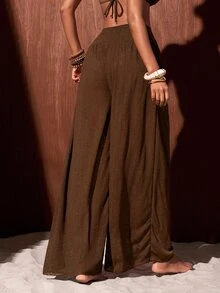 Zivah Elegant Boho Tropical Sexy Women's Airy Semi-Sheer Dark Brown Knit Wide-Leg Beach Vacation Cover-Up Pants (Summer Style) - Brown - View 2