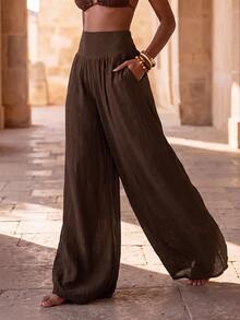 Zivah Elegant Boho Tropical Sexy Women's Airy Semi-Sheer Dark Brown Knit Wide-Leg Beach Vacation Cover-Up Pants (Summer Style) - Brown - View 12