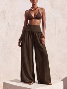 Zivah Elegant Boho Tropical Sexy Women's Airy Semi-Sheer Dark Brown Knit Wide-Leg Beach Vacation Cover-Up Pants (Summer Style) - Brown - View 8