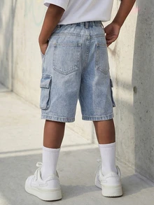 Summer Young Boys' Washed Denim Utility Cargo Shorts, Elastic Waist Loose Straight Leg Design,Soft Cotton Denim Shorts For Daily Outing School - Light Wash - View 2