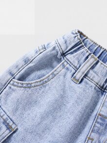 Summer Young Boys' Washed Denim Utility Cargo Shorts, Elastic Waist Loose Straight Leg Design,Soft Cotton Denim Shorts For Daily Outing School - Light Wash - View 4