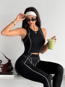 Dewbera Dewbera Setelan Tank Top dan Legging Wanita Tanpa Jahitan Garis Hitam Putih untuk Olahraga Musim Panas, Gaya Athleisure yang Sopan - Hitam dan Putih - View 6