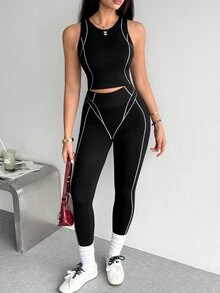 Dewbera Dewbera Setelan Tank Top dan Legging Wanita Tanpa Jahitan Garis Hitam Putih untuk Olahraga Musim Panas, Gaya Athleisure yang Sopan - Hitam dan Putih - View 1