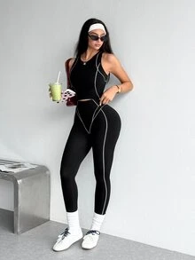 Dewbera Dewbera Setelan Tank Top dan Legging Wanita Tanpa Jahitan Garis Hitam Putih untuk Olahraga Musim Panas, Gaya Athleisure yang Sopan - Hitam dan Putih - View 4
