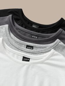 SHEIN BASICS 4pcs/Set Casual Plain Knit Round Neck Short Sleeve Fitted Cropped Women T-Shirts/Summer Tops Everyday Home Daily Wear Black Grey White Light Grey Gym - Multicolor - View 4