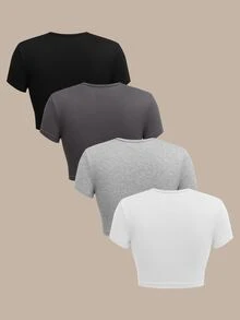 SHEIN BASICS 4pcs/Set Casual Plain Knit Round Neck Short Sleeve Fitted Cropped Women T-Shirts/Summer Tops Everyday Home Daily Wear Black Grey White Light Grey Gym - Multicolor - View 3