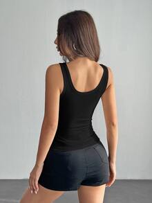 SHEIN PETITE Casual All-Match White Cami Top With Deep U-Neck And Racerback ,Petite Women - Black - View 3