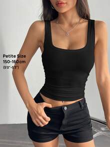 SHEIN PETITE Casual All-Match White Cami Top With Deep U-Neck And Racerback ,Petite Women - Black - View 11
