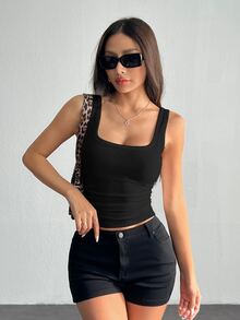 SHEIN PETITE Casual All-Match White Cami Top With Deep U-Neck And Racerback ,Petite Women - Black - View 7