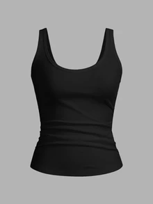 SHEIN PETITE Casual All-Match White Cami Top With Deep U-Neck And Racerback ,Petite Women - Black - View 9