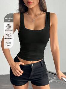 SHEIN PETITE Casual All-Match White Cami Top With Deep U-Neck And Racerback ,Petite Women - Black - View 12