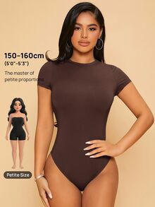 SHEIN PETITE Women Casual Solid Slim Fit Bodycon Bodysuit ,Petite Women - Chocolate Brown - View 7