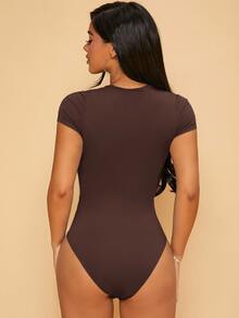 SHEIN PETITE Women Casual Solid Slim Fit Bodycon Bodysuit ,Petite Women - Chocolate Brown - View 2