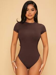SHEIN PETITE Women Casual Solid Slim Fit Bodycon Bodysuit ,Petite Women - Chocolate Brown - View 4